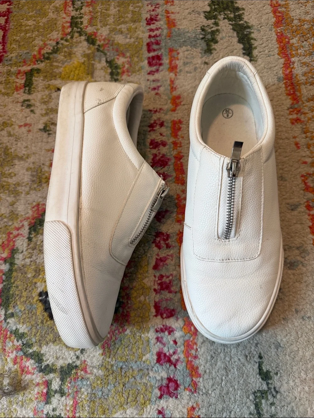 White Zip Front Slip-On Leather Sneakers – Women’s Size 8